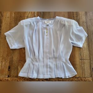 Vintage Womens Small 90s Blue Pleated Short Sleeve Shoulder Pad Blouse  Mervyns